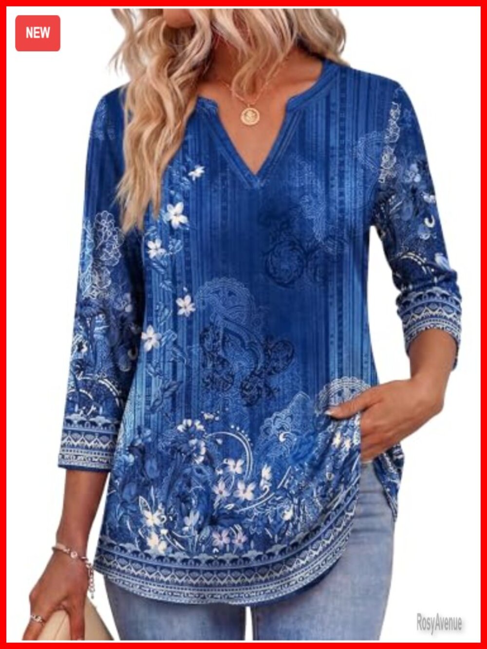 3/4 Sleeve V-Neck Tunic Blouse Dressy Casual Top